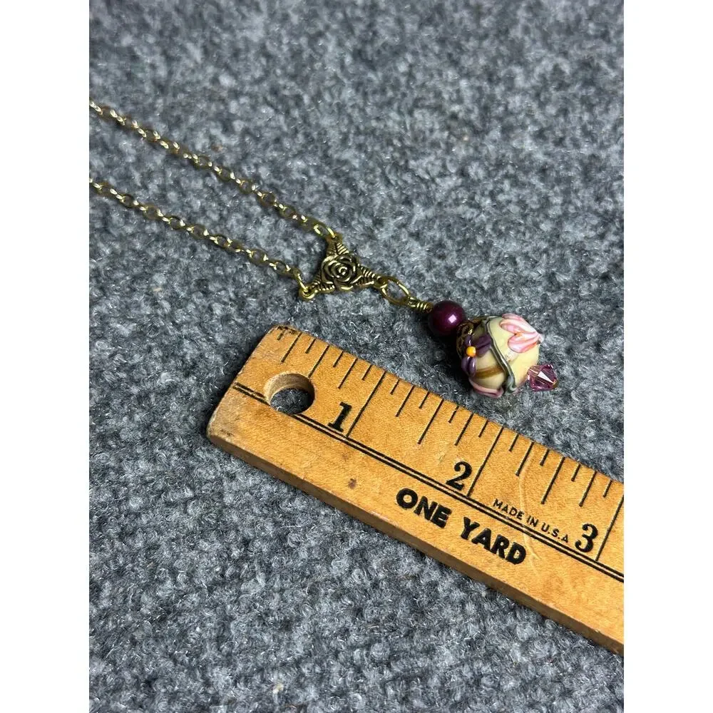 Vintage art glass necklace lamp work hand blown wedding cake bead 19” floral